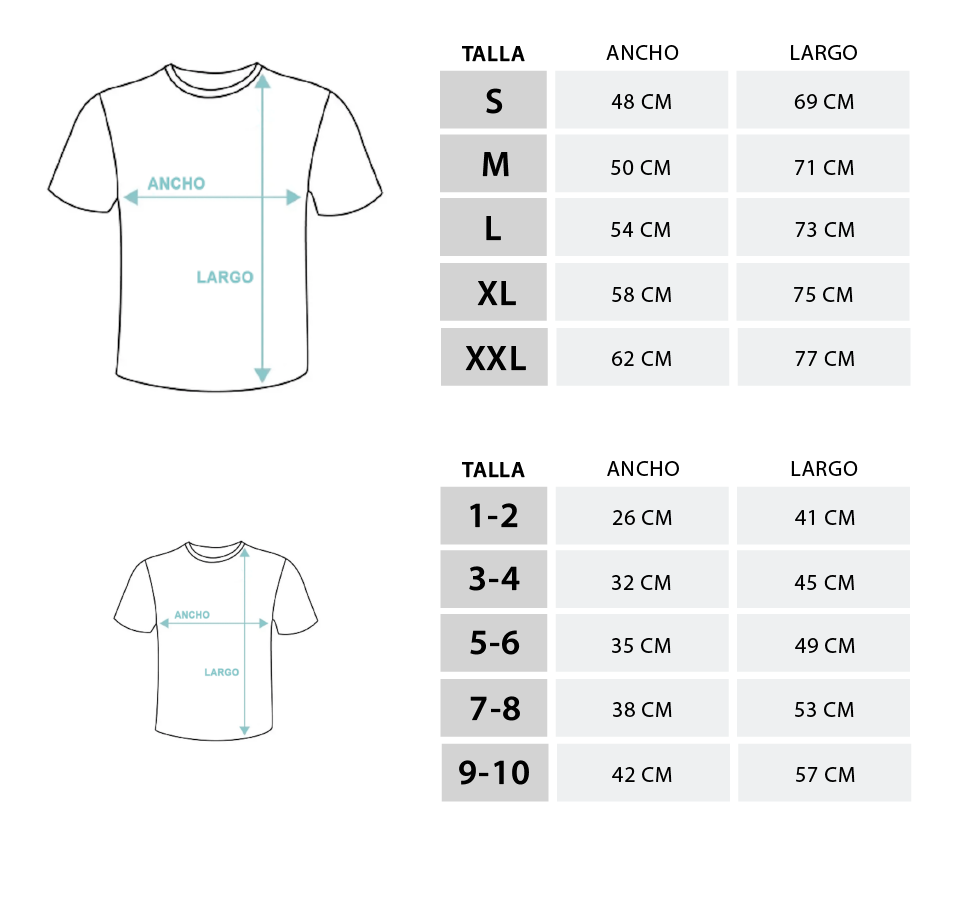 Medidas de las camisetas de adulto y niño
