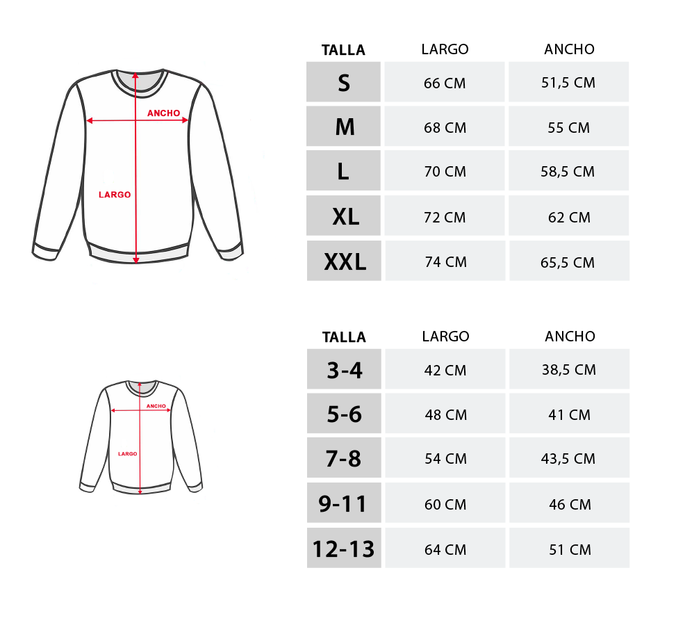 Medidas de las sudaderas de adulto y niño