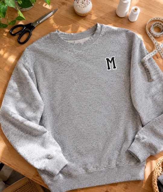 Parche de la letra M sobre una sudadera gris, un regalo original con iniciales